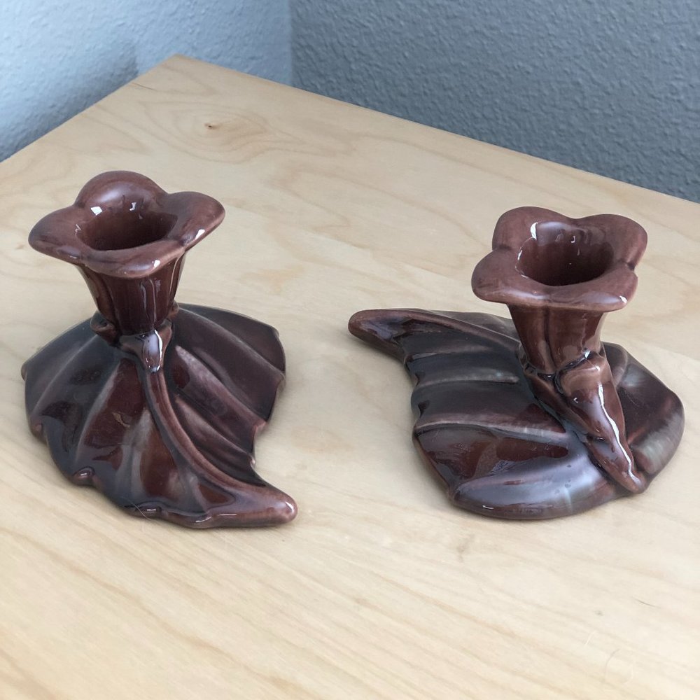 Vintage Majolica Candle Holders Brown Glossy 3" - Farmhouse Rustic Leaf NEW